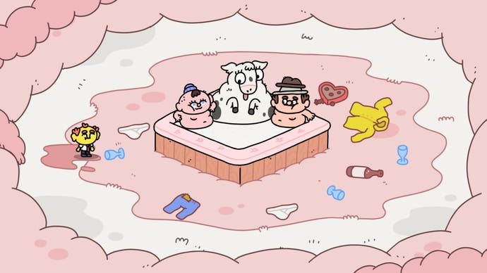 Thank Goodness You're Here! screenshot showing a cow and two people in a strange pink hot tub