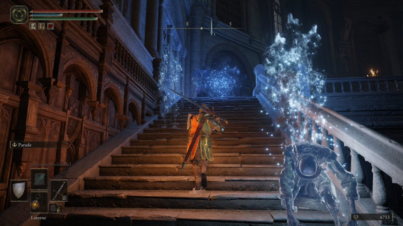 A warrior walks up some stairs with ghostly apparitions in Elden Ring&rsquo;s Carian Study Hall