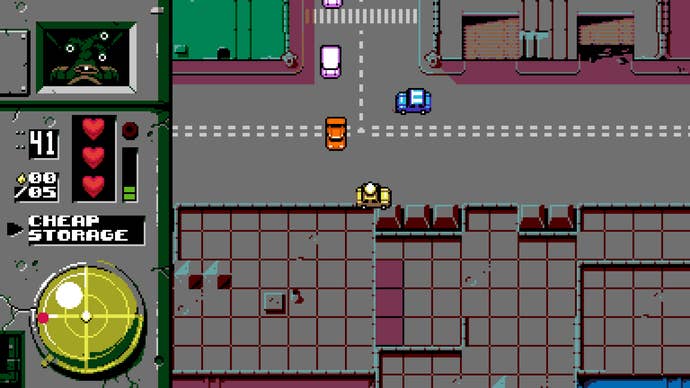 Action from an open-world top-down driving game in UFO 50.