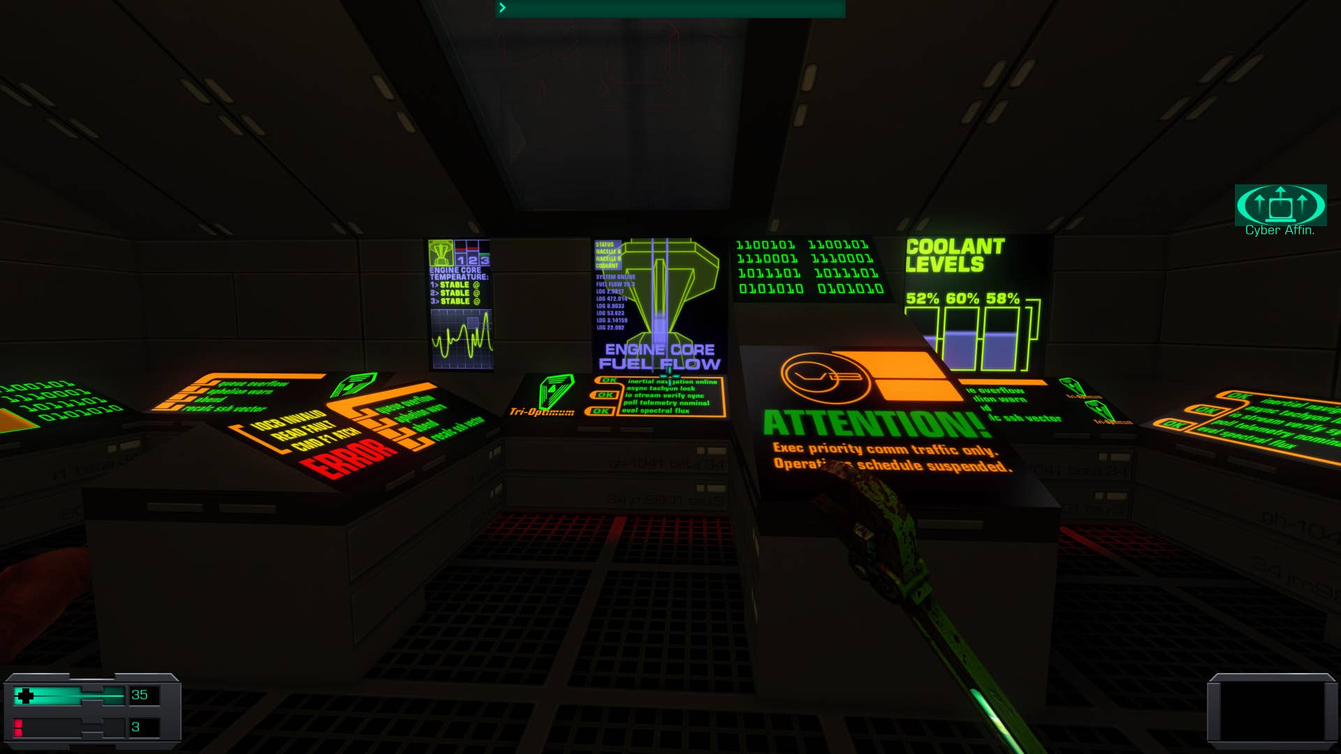 12. A screenshot of System Shock 2: 25th anniversary remaster, showing an array of fluorescent engineering displays with various warnings and errors.