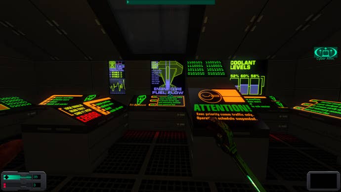12. A screenshot of System Shock 2: 25th anniversary remaster, showing an array of fluorescent engineering displays with various warnings and errors.