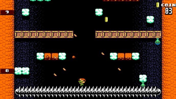 Action from a vertical scrolling platformer in UFO 50.