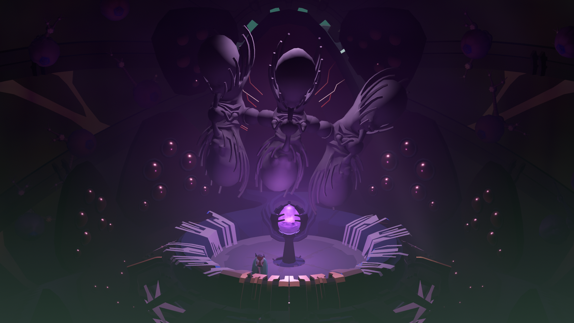 Screenshot from Cocoon with a new boss rising above a purple orb as the game&rsquo;s insectoid protagonist looks on