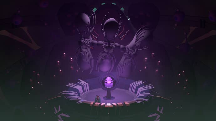 Screenshot from Cocoon with a new boss rising above a purple orb as the game’s insectoid protagonist looks on