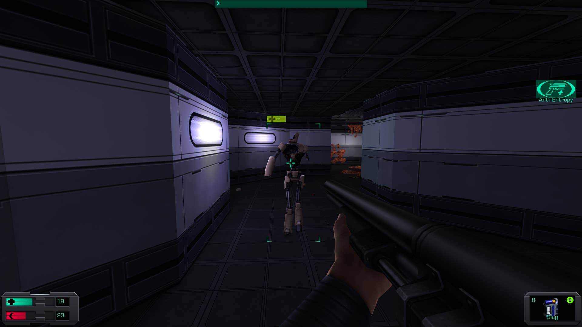 13. A screenshot of System Shock 2: 25th anniversary remaster, showing the player being approached by a damaged Protocol Droid.
