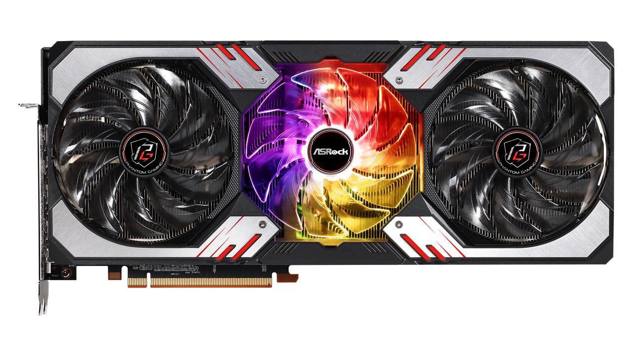 asrock rx 6950 xt with a colourful fan in the centre and shiny metal shroud