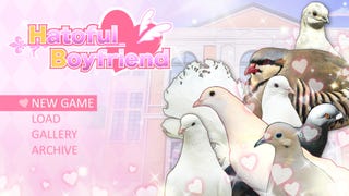 Title screen from Hatoful Boyfriend, showing a menu with a pink tint, the game's logo, and a collage of bird characters from the game in front of a building, with an overlay of hearts around the screen