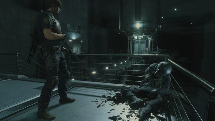 Leon stands over bleeding helmeted soldier in Resident Evil 2 Remake fixed camera mod