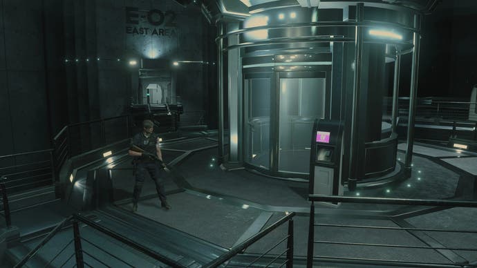 Leon stands in biotech facility in Resident Evil 2 Remake fixed camera mod
