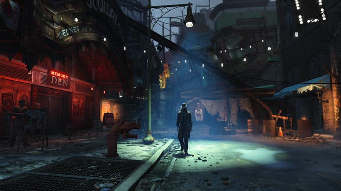 A screenshot of Fallout 4: showing synth detective Nick Valentine prowling the streets of Diamond City under streetlights.