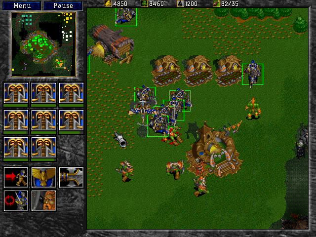 A screenshot of Warcraft 2, with paladins assembled in a village.