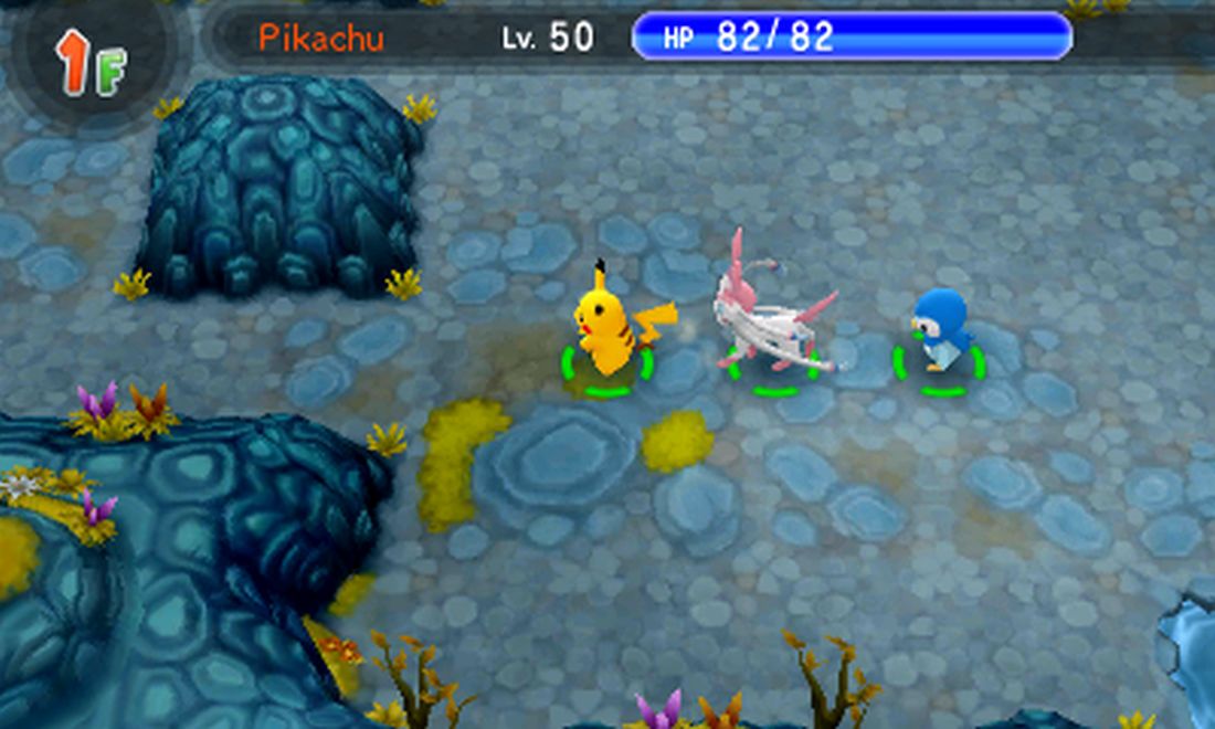 Pikachu Sylveon and Piplup in a blue dungeon in Pokémon Super Mystery Dungeon