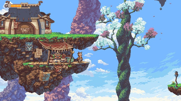 An owlboy stands on a floating island in the sky in Owlboy