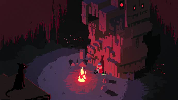 A warrior rests by a fire in Hyper Light Drifter