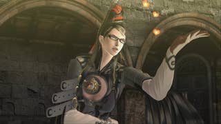 Screenshot of Bayonetta in the first Bayonetta game. Her black hair is tied in a high ponytail and she is wearing glasses with a black frame.