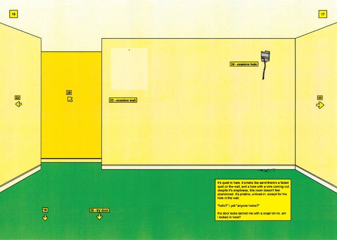 A two-page spread from 2120 showing a hallway in an office building with various objects the reader can inspect including a light patch of wall.