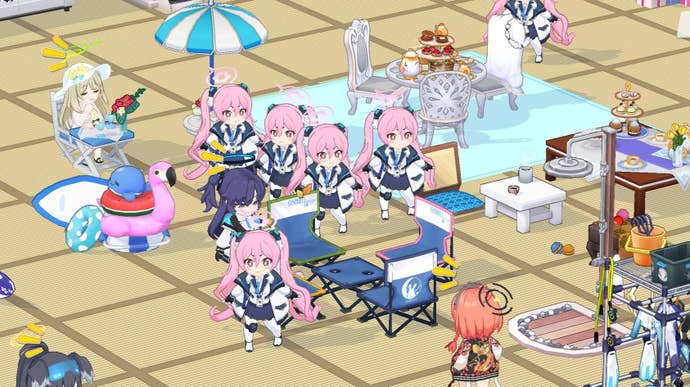 A assemblage of pink-haired anime girls introduced by a hacker to the cafes of Blue Archive.