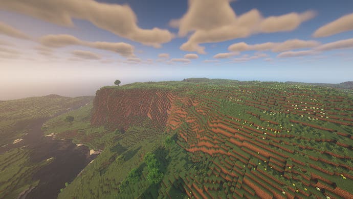 Eine Minecraft-Landschaft mit Klippen und Ebenen, mit einem Fluss auf der linken Seite.