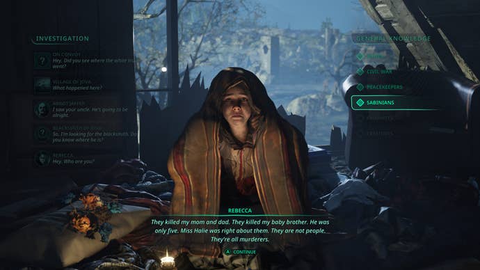 A conversation scene from the videogame Hell Is Us, showing a young girl crouched under a blanket by candlelight in a ruined attic, with a town visible behind. The girl is talking about her murdered family.
