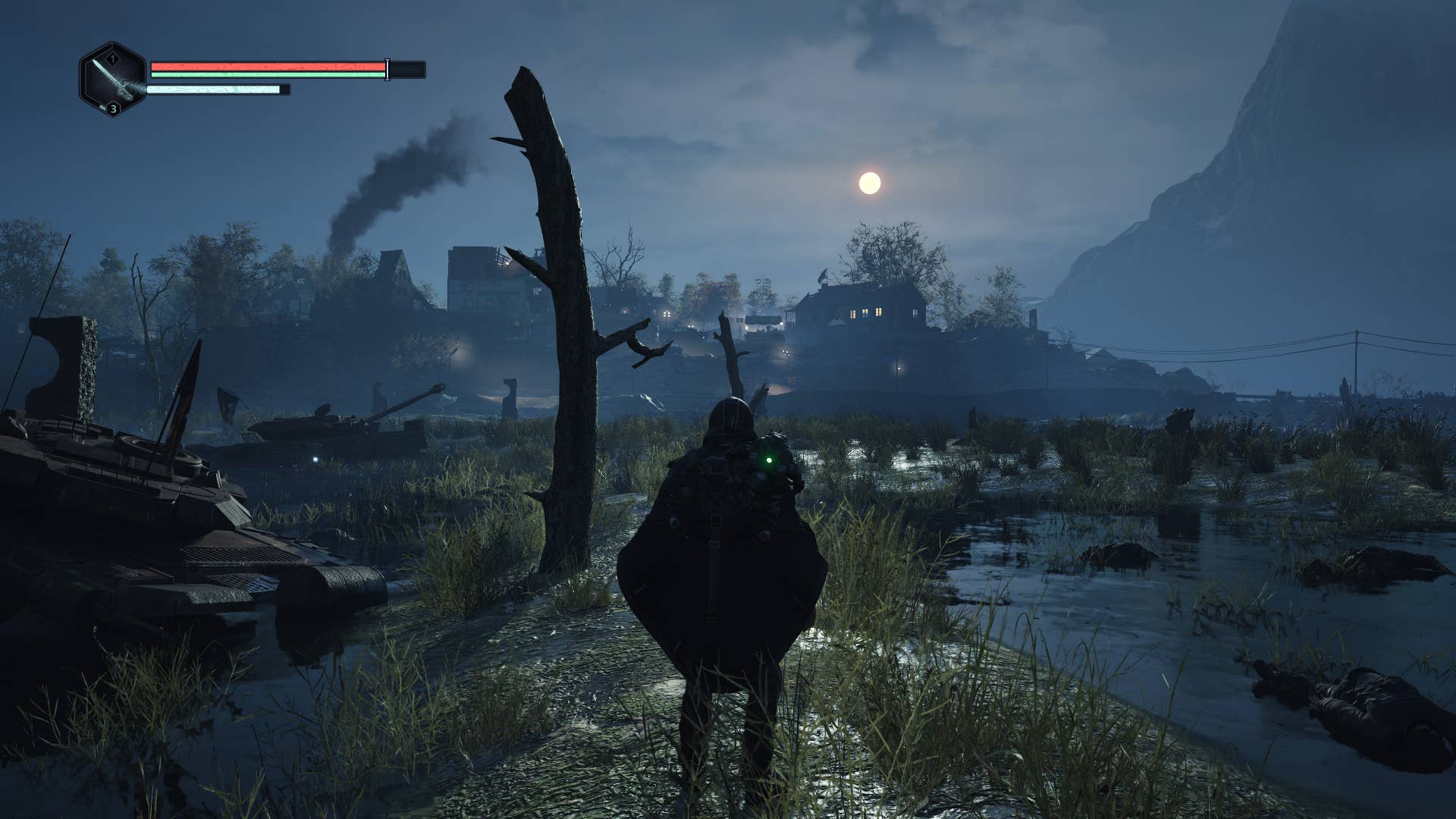 The nocturnal view of the moonlight of the black poncho man overlooks the town, broken trees and abandoned tanks, and the town rises in the distance. Hell is us from video games.