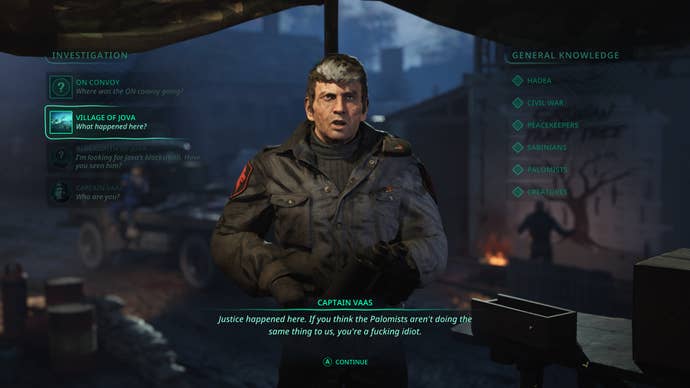 A conversation from the videogame Hell Is Us, showing a military captain uttering hate speech while standing in his tent in a ruined town.