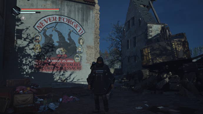 A third-person view of a man in a black poncho looking at a painted historical mural on a brick wall in a ruined town, from the videogame Hell Is Us. The mural exhorts the viewer to