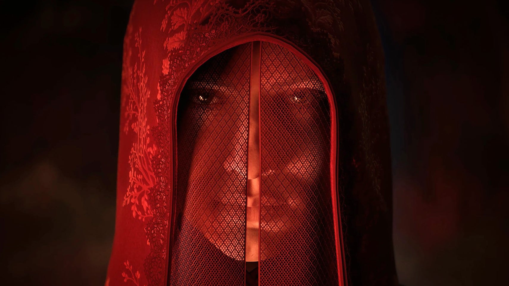 A woman veiled in red gauze and hidden by an ornately stitched red hood stares at the camera. There is darkness all around.