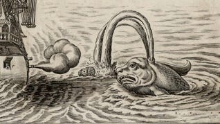 A 17th century drawing of a fish monster attacking a sailing ship
