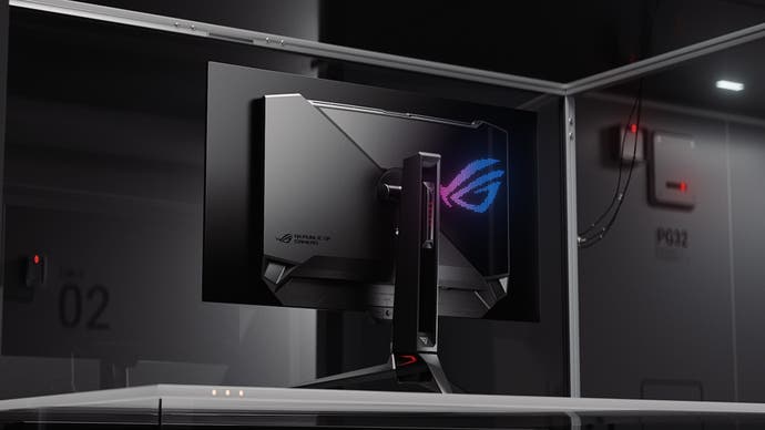 Asus ROG Swift OLED PG32UCDM from the back with an RGB-lit logo and impressive stand