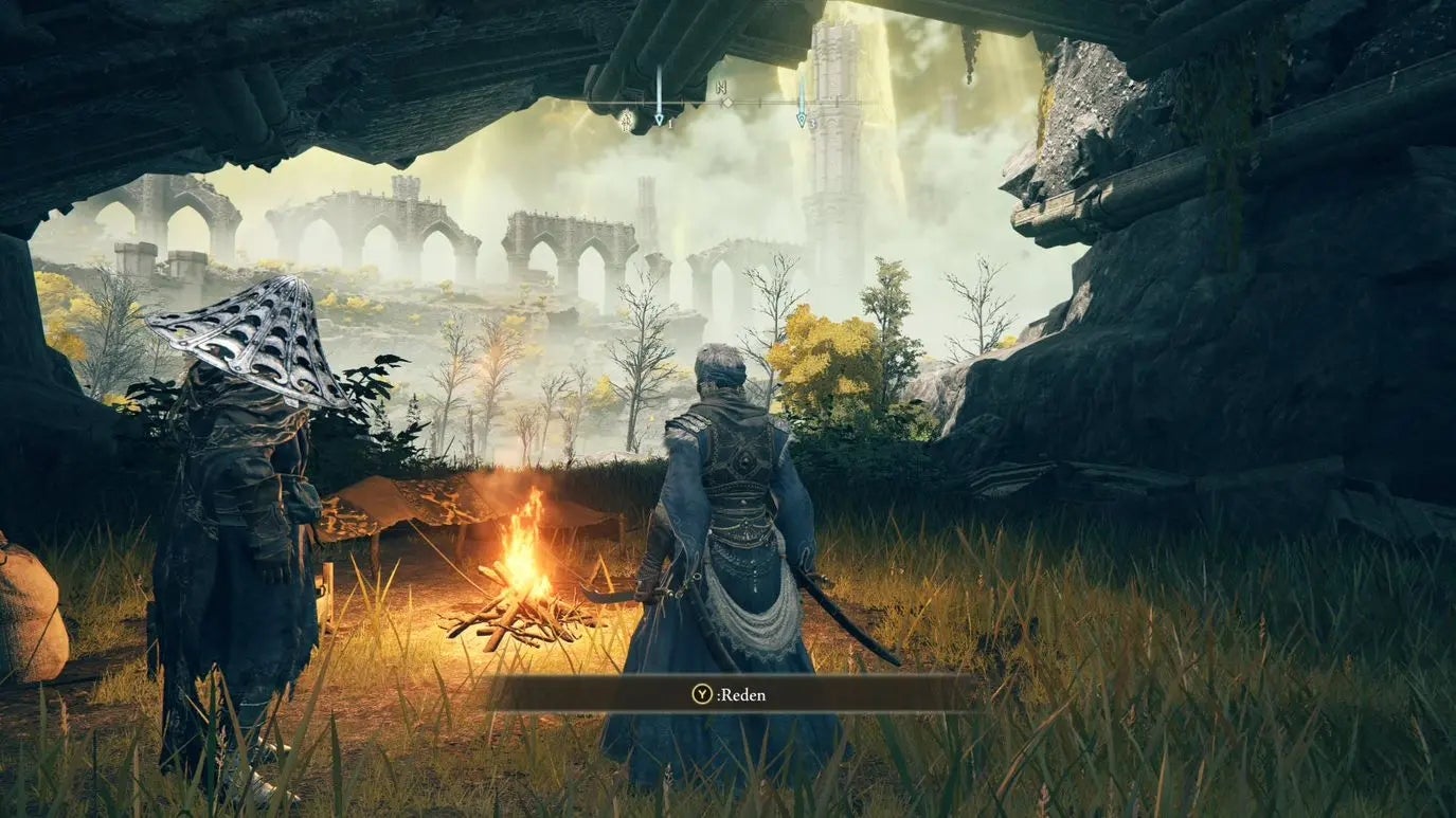 A warrior encounters the Bloody Finger Yura in a cave in Elden Ring.