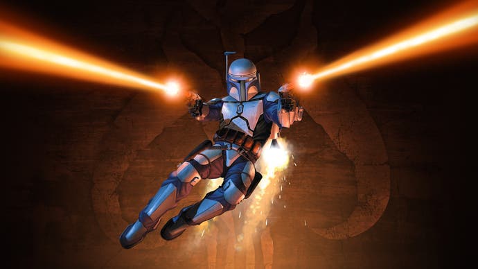 Artwork of Jango Fett shooting laser pistols in the air from Star Wars: Bounty Hunter