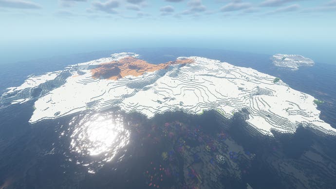 Eine einsame Insel in Minecraft, mit zwei Bäumen auf der rechten Seite und einem Stück Ödland im hinteren Bereich.