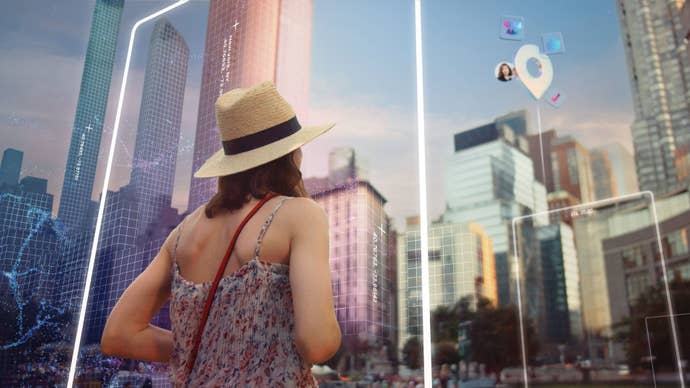 Niantic artwork showing a woman looking at an AI overlay of a city skyline.