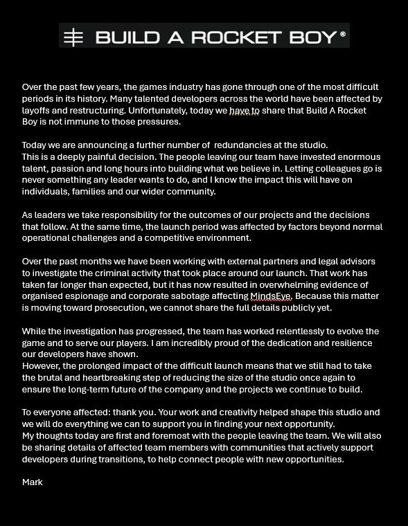 MindsEye Developer Build A Rocket Boy’s Co-CEO Attributes Recent Layoffs to “Organized Espionage and Corporate Sabotage