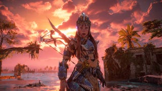 Aloy pulling a shocked expression as the sun sets behind her in Horizon Forbidden West