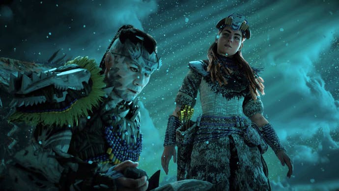 Aloy talks to a clan member under the night sky in Horizon Forbidden West