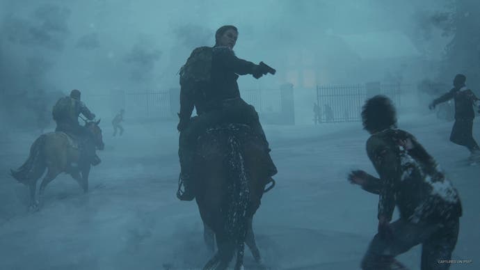 Abby in The Last of Us Part 2 Remastered. She is riding on the back of a horse in a snowy environment while shooting at infected enemies
