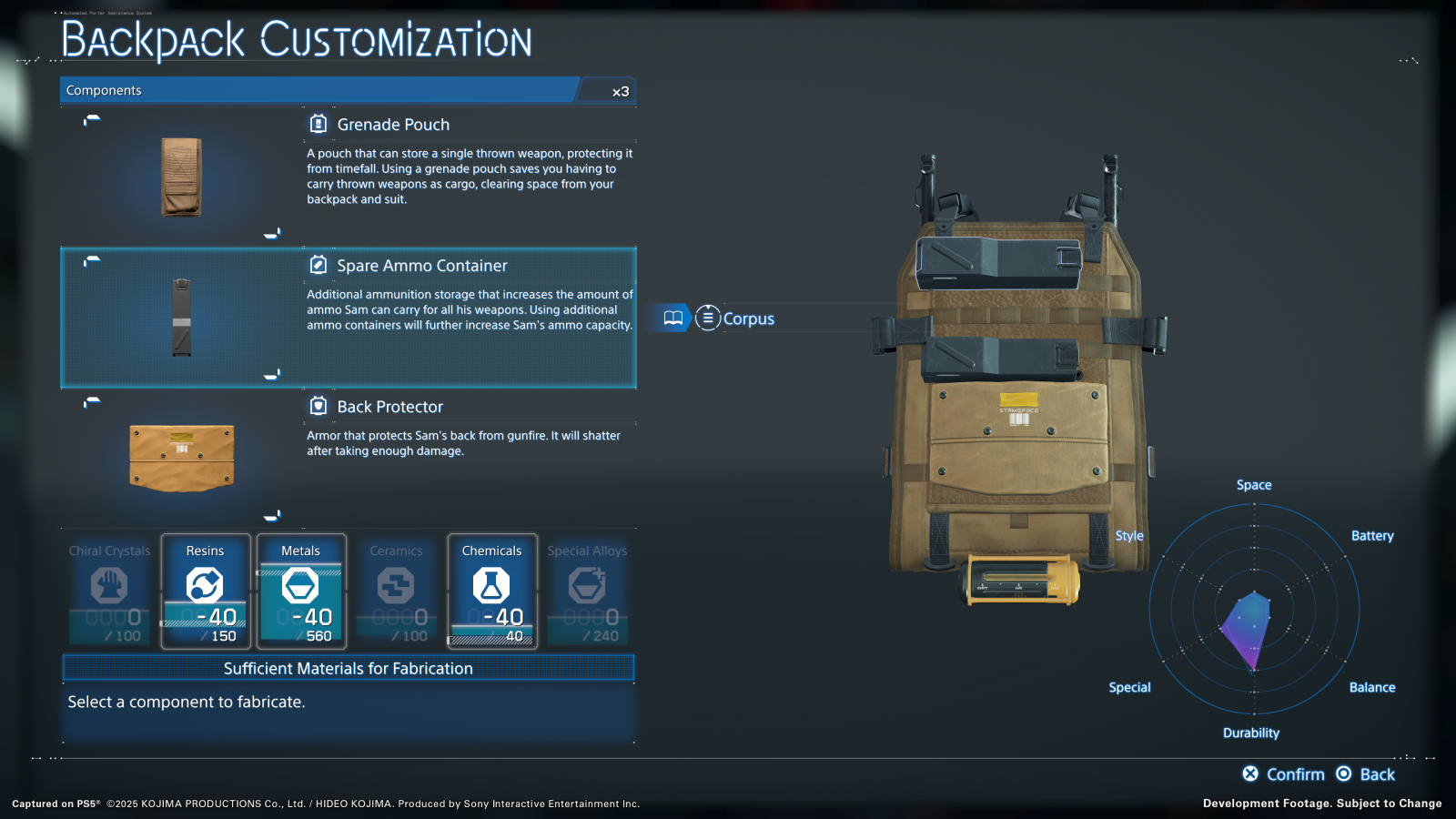 Death Stranding 2 menu screen showing backpack customisation