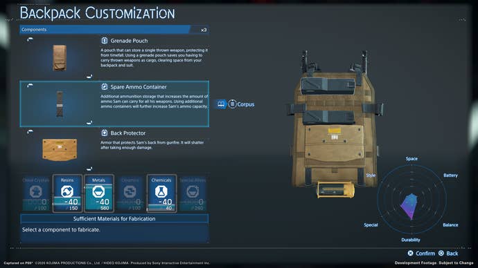 Death Stranding 2 menu screen showing backpack customisation