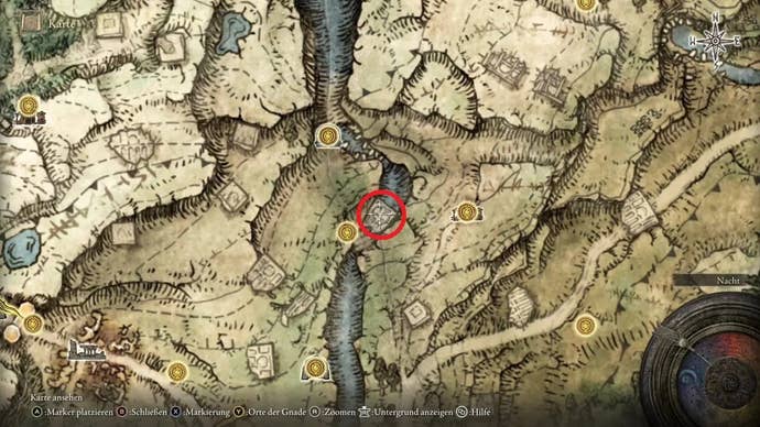 A map screen from Elden Ring showing the location of Bloody Finger Yura’s third location.