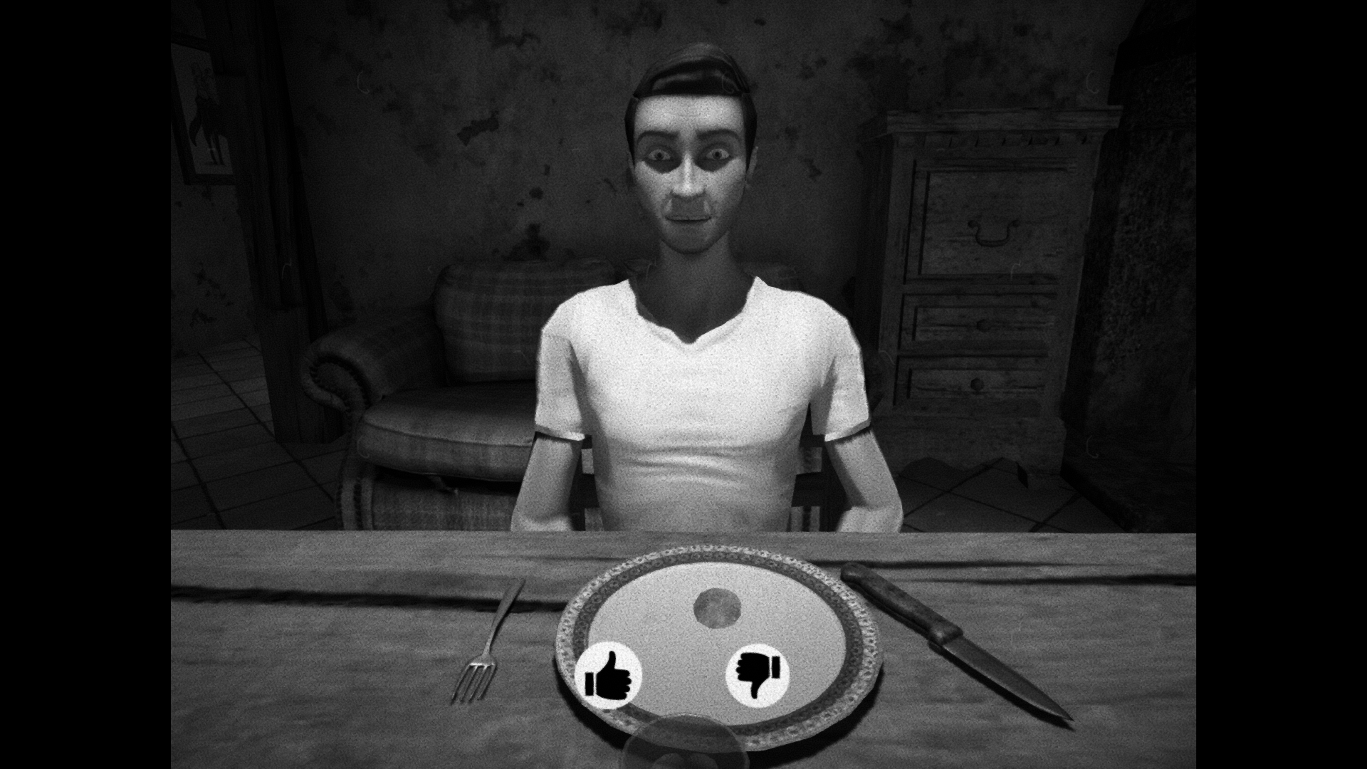 The player's character in Horses, a young man in a white shirt sitting at table, looking horrified.