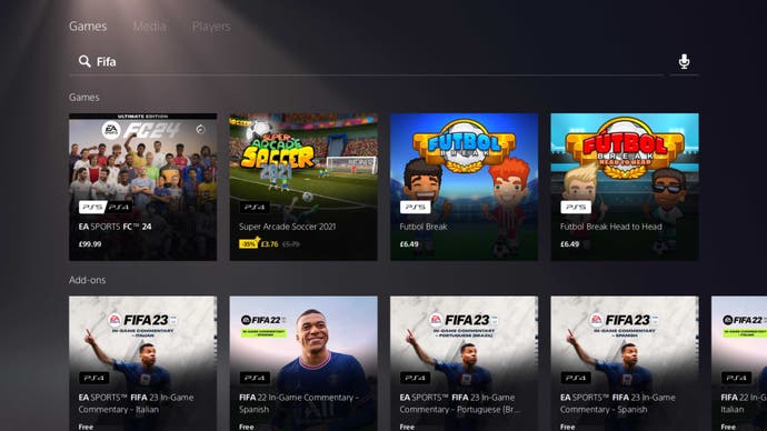 FIFA search on PlayStation 5