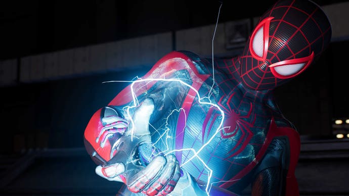 Screenshot from Marvel's Spider-Man 2 showing Miles Morales (as Spider-Man) using his venom abilities