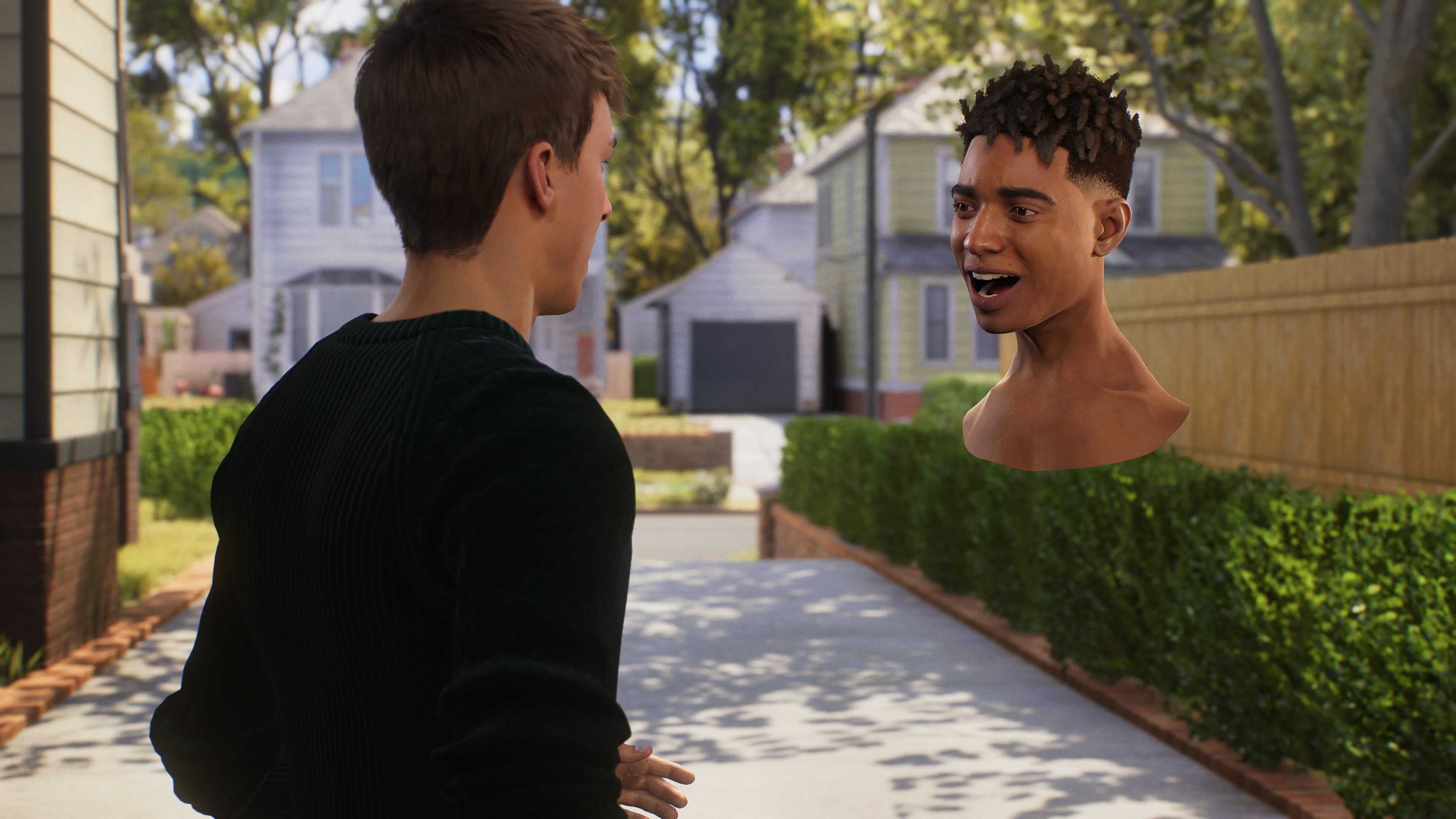 Miles Morales and Peter Parker chat in Aunt May&rsquo;s garage at the end of Marvel&rsquo;s Spider-Man 2. My game glitched, so Miles is just a head