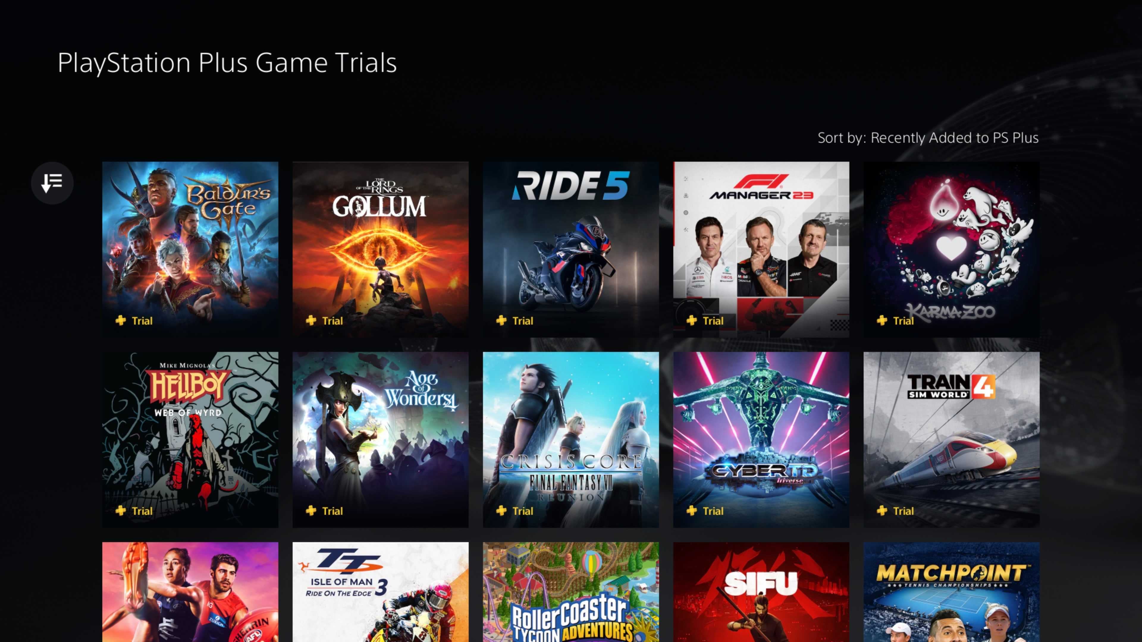 Screenshot showing a number of the games available as part of PlayStation Plus Premium&rsquo;s trial offerings