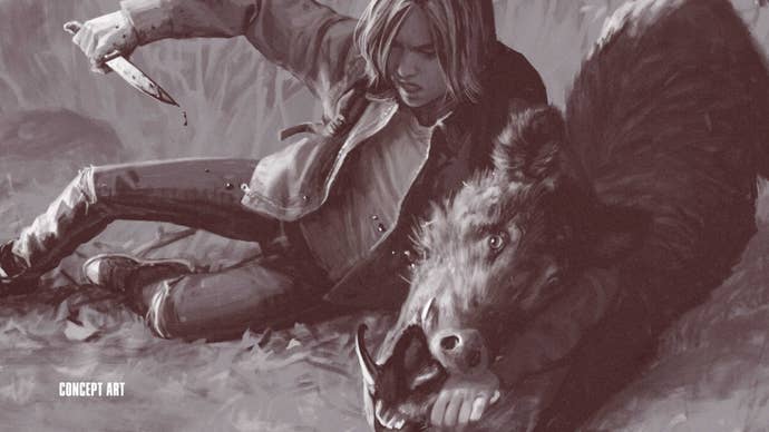Concept art for The Last of Us Part 2 Remastered Lost Level ‘The Hunt’ showing Ellie pinning down a boar and about to kill it with her blade