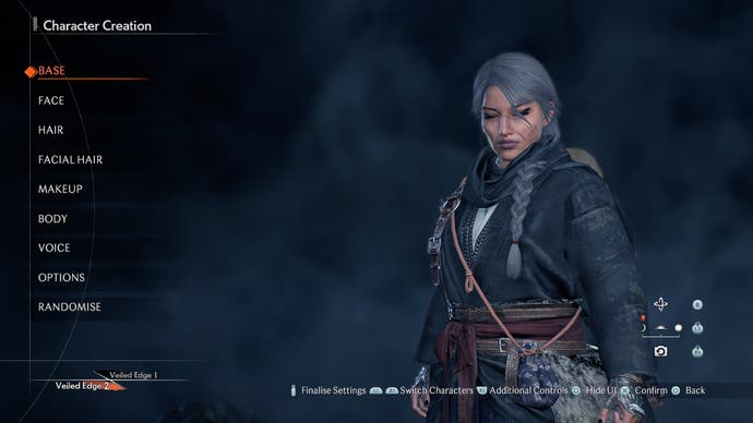 Rise of the Ronin preview screenshot of the character creator, with grey-haired female characer on the right and settings on the left