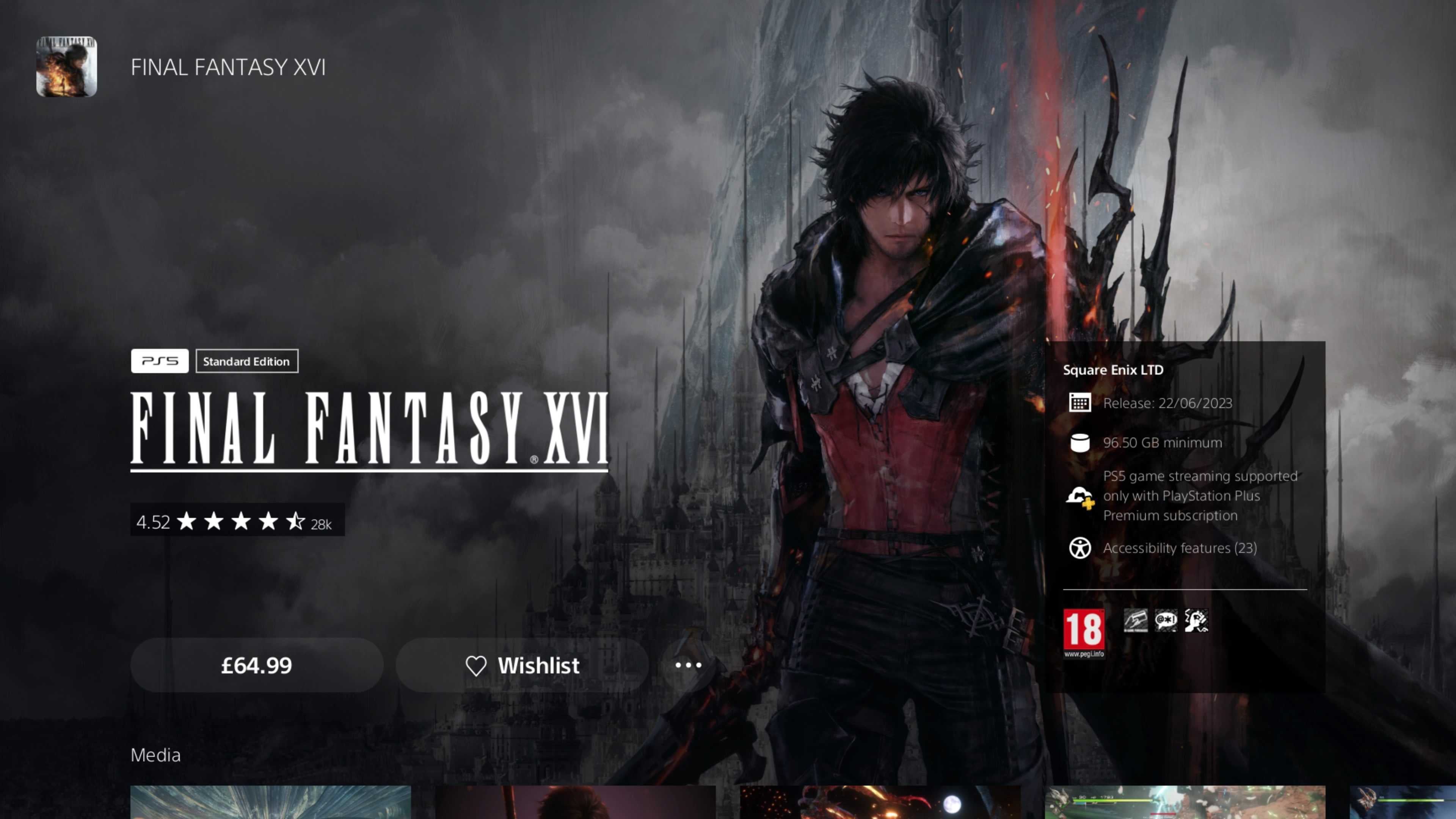 Screenshot of PlayStation Store listing for Final Fantasy 16