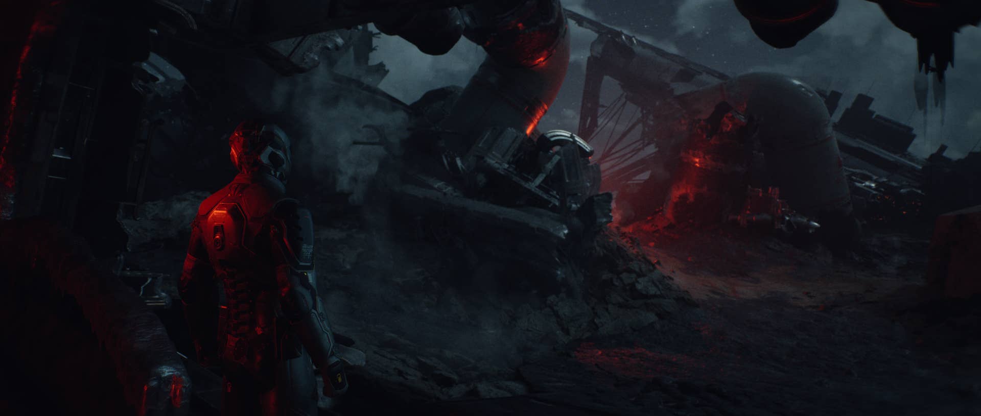 A soldier stands with his back to the camera, oberserving a downed ship in Eve Vanguard