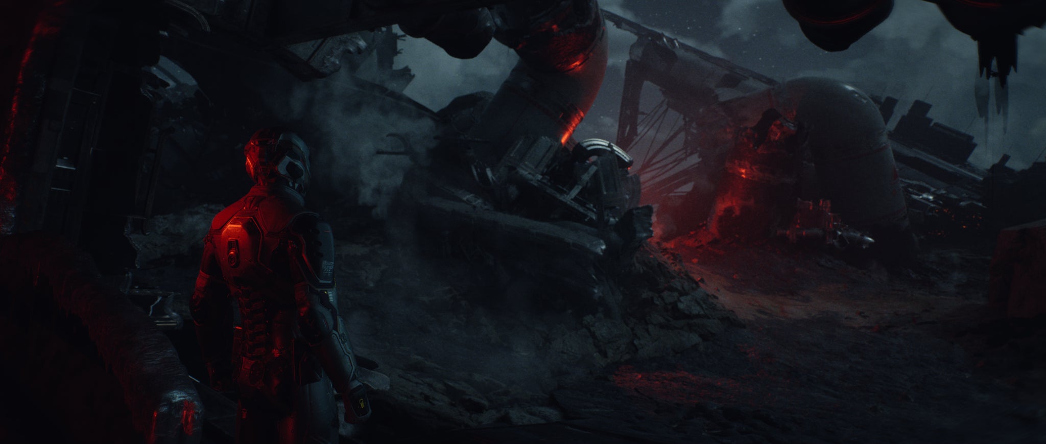 A soldier stands with his back to the camera, oberserving a downed ship in Eve Vanguard - 5